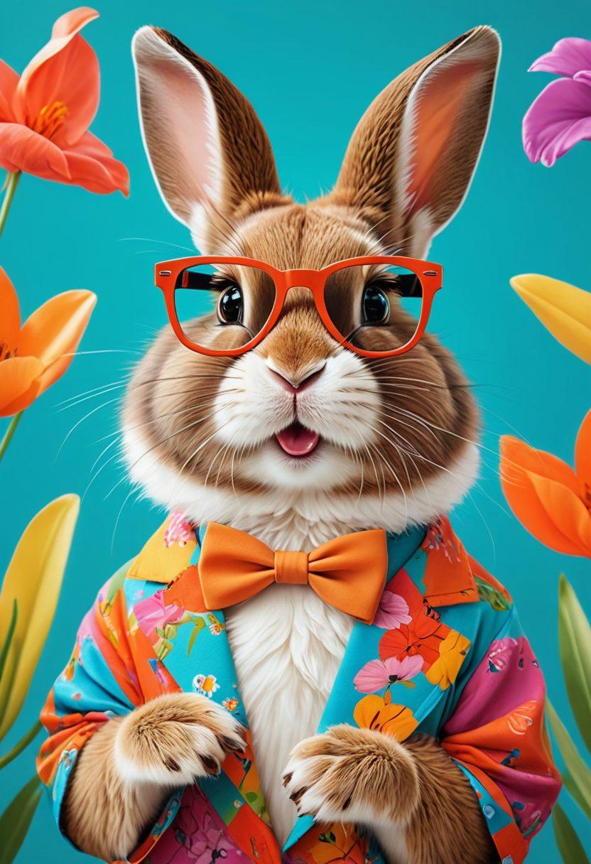 A whimsical scene featuring a fashionable rabbit dressed in vibrant clothes, accessorized with stylish glasses, surrounded by playful memes floating around. In the background, colorful illustrations of different rabbit breeds and their quirky personalities, set in a cheerful, cartoonish environment. The color palette should be bright and engaging, capturing the fun and playful essence of rabbit companionship. digital art. vibrant colors. cartoon style.