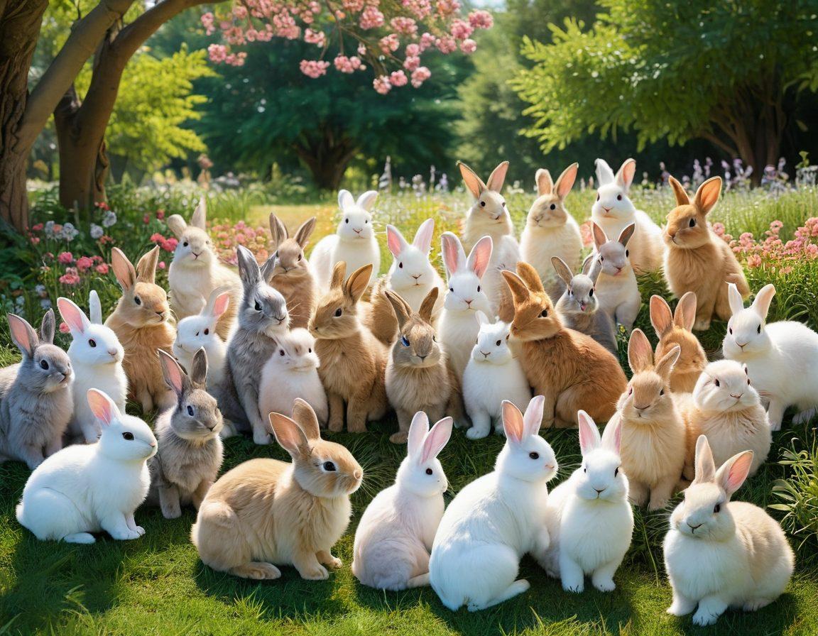 A cheerful gathering of diverse bunny enthusiasts in a sunlit park, surrounded by various fluffy bunnies of different breeds and colors playing together. People are laughing and sharing stories while some hold cute bunnies in their arms. The background features colorful flowers and greenery, creating a warm and inviting atmosphere. whimsical style. vibrant colors. soft pastel tones.