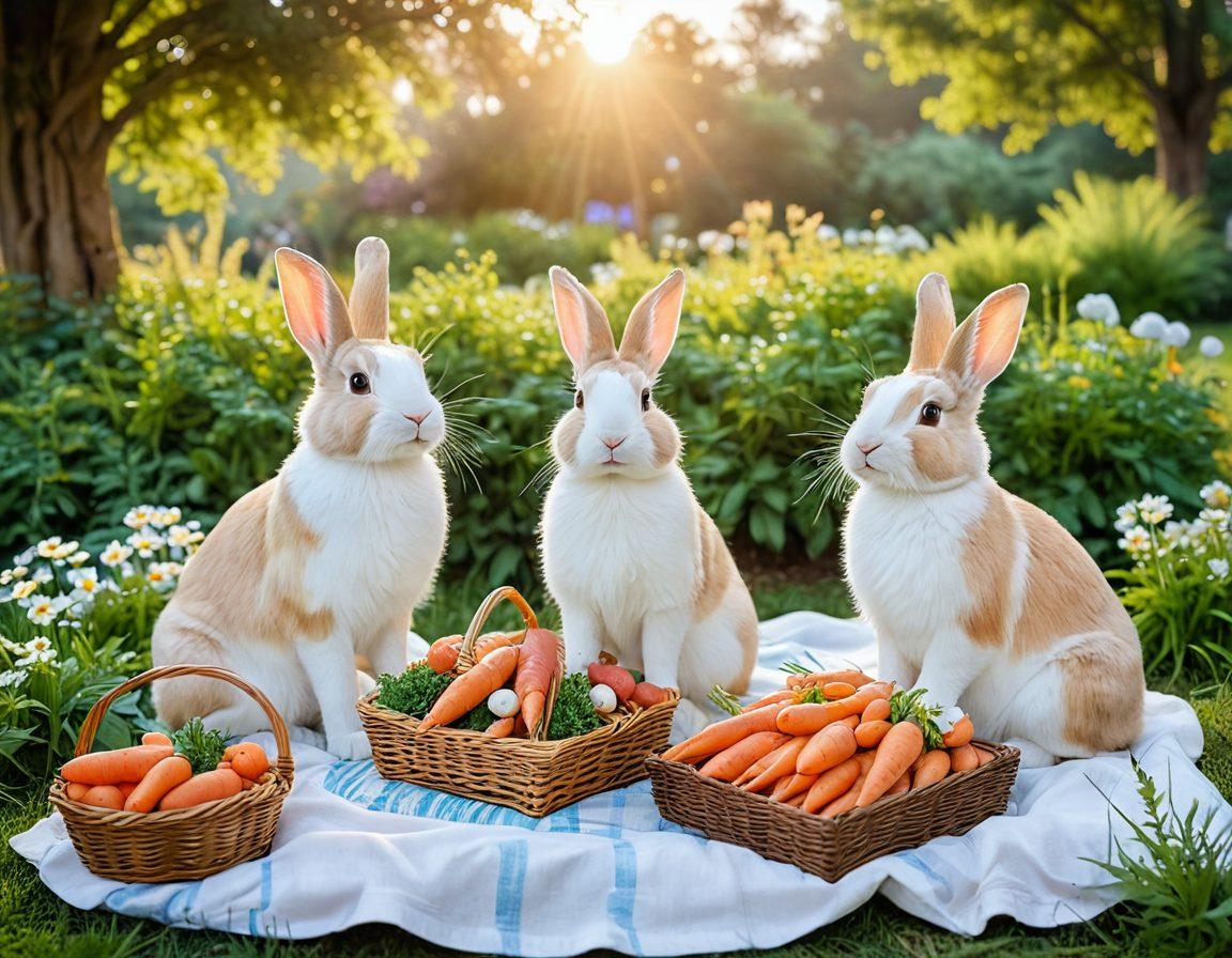 A whimsical garden scene filled with adorable female rabbits of various breeds, each displaying unique and playful personalities. Include a vibrant picnic setup with carrots and flowers, surrounded by lush greenery and soft pastel colors. Feature a charming, serene atmosphere that invites viewers into the world of bunny culture. The sun should be setting, casting a warm golden glow over the scene. watercolor painting. vibrant colors. soft focus.